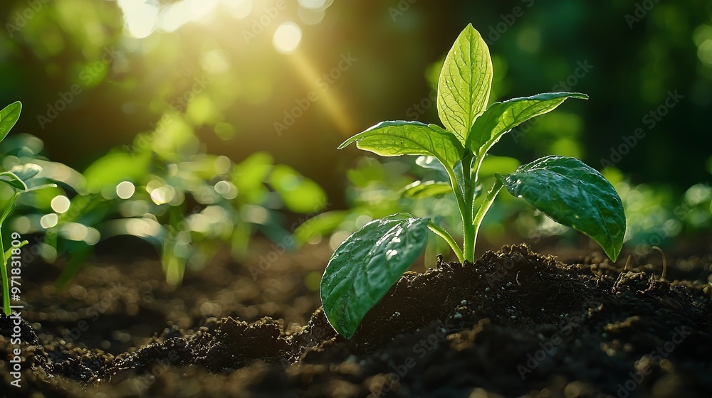 Wall mural Young plant sprouting in soil under sunlight with fresh growth