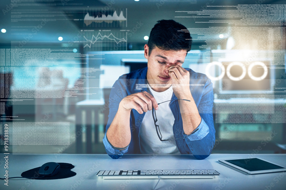 Aufkleber Tired, programmer and man in office, night and overlay of interface, keyboard and headache. Dark, dashboard and coder for agency, information technology and exhausted of thinking, ideas and burnout