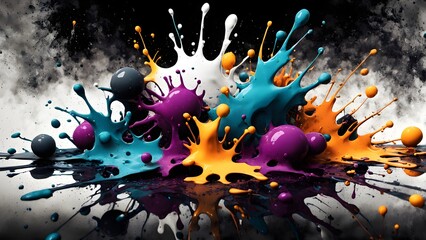 A colorful explosion of paint splatters on a black background. The paint is in various shades of blue, purple, yellow, orange and white, creating a vibrant and dynamic composition.