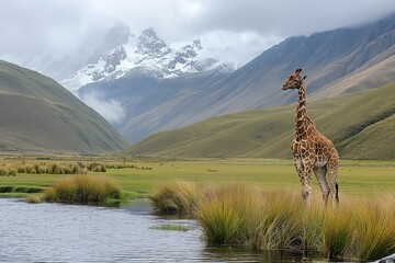 Obraz premium A graceful giraffe stands by a serene lake surrounded by majestic mountains under a cloudy sky in the afternoon light