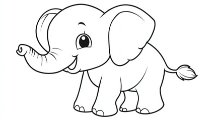 A black and white drawing of a cute baby elephant.