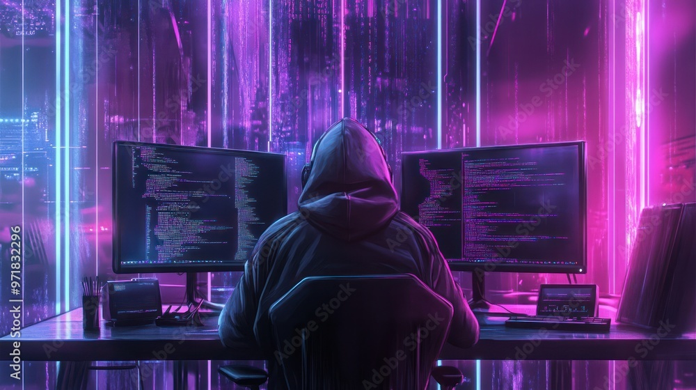 Poster cyberpunk hacker working in a futuristic city