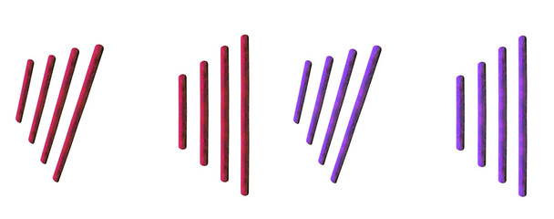 Wax crayons, red and purple crayons. In a writing position and straight. On isolated transparent background.