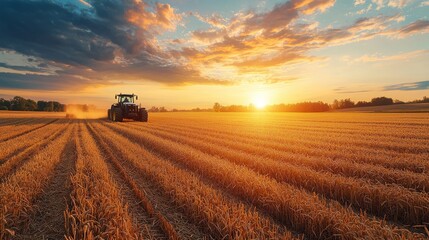 Fototapeta premium Tractor working in a golden wheat field during sunset