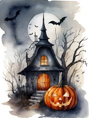 Fototapeta premium Watercolor Halloween Pumpkin Horror Illustration Art