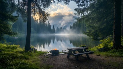 Obraz premium A tranquil camping spot by the river, fresh fish grilling, smoke rising into the tall pines overhead, capturing the quiet beauty of outdoor life