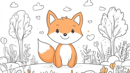 A cute cartoon fox in a field with flowers.