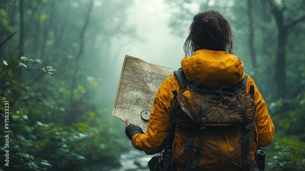 Poster hiker studying a map in a misty forest setting.