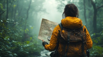 Hiker studying a map in a misty forest setting.