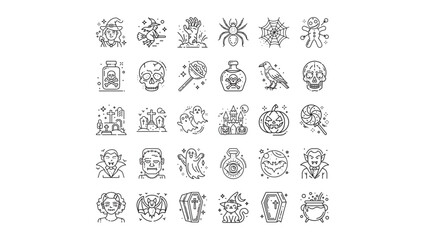 Set of Halloween icons with ghosts, witch, pumpkin and castle, spooky outline illustrations