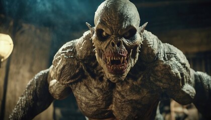 A monstrous creature with sharp teeth and menacing expression in a dimly lit environment