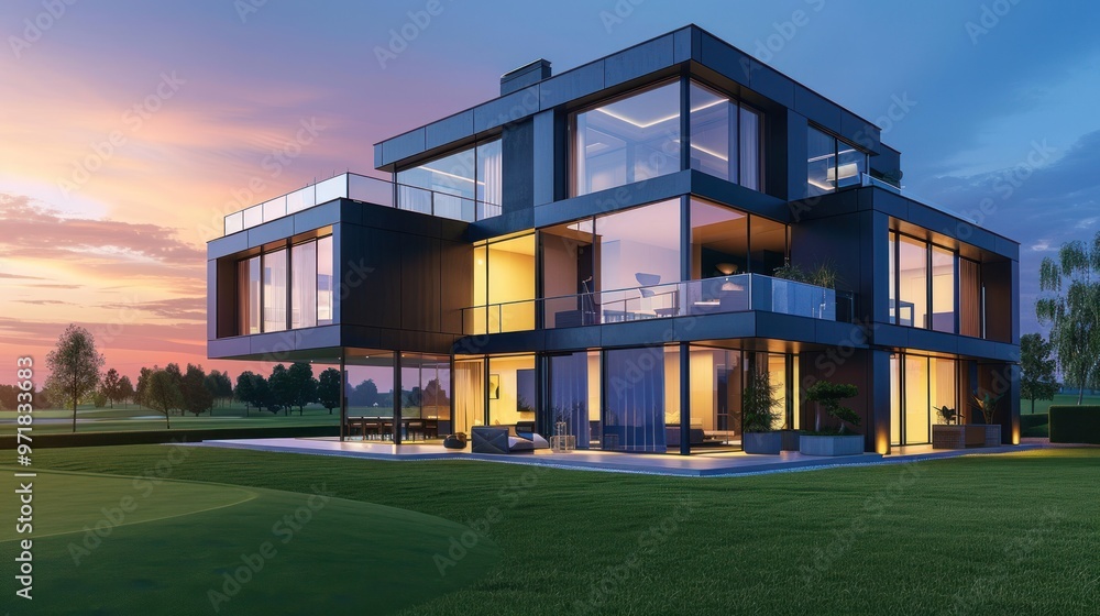 Wall mural modern house with sunset view