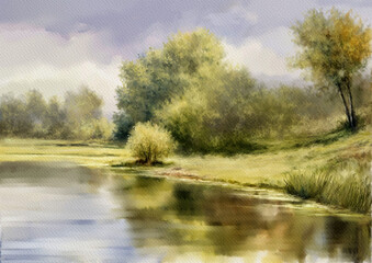 Watercolor paintings landscape, river in the forest