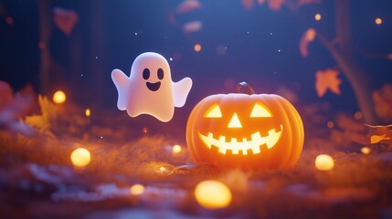 A cheerful ghost floats above a glowing jack-o'-lantern surrounded by autumn leaves during Halloween night, 3d illustration.