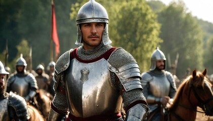 Knight in shining armor stands ready for battle surrounded by fellow soldiers on a historical battlefield