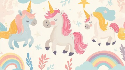 Fototapeta premium Playful unicorns and rainbows on a soft pastel background