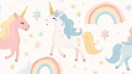 Playful unicorns and rainbows on a soft pastel background
