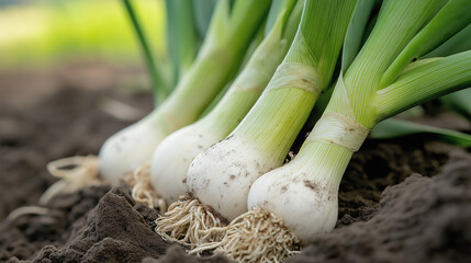 a close-up of freshly dug leeks, their white and green stalks partially covered in damp soil