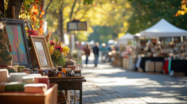 a bustling september art and craft fair featuring local artistsâ€™ work, handcrafted items, and colorful fall decorations