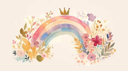 Watercolor illustration of a rainbow adorned with a crown Hand painted in a boho style suitable for nursery decor and prints