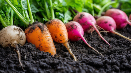 a close-up of freshly harvested vegetables lying on the rich, dark soil