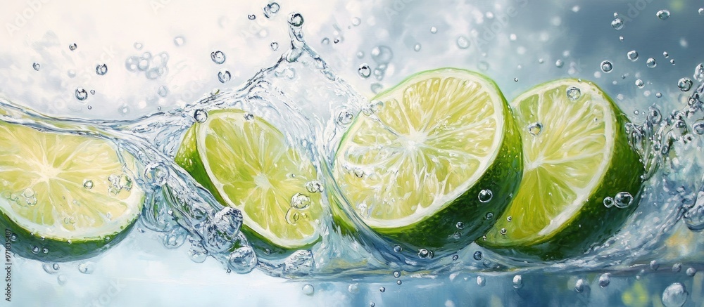 Poster painting of lime slices splashing into clear water creating bubbles