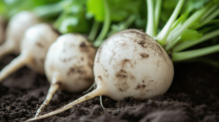 a close-up of freshly pulled turnips, their round, pale bodies partially encrusted with dark, moist soil