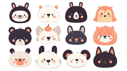 Set of vector illustrations featuring cute baby animal faces Hand drawn character cards ideal for printing graphics and posters with a trendy Scandinavian design for kids