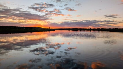 Beautiful sunset landscaper scenery, sky reflected in Corrib river at Galway, Ireland, nature background, wallpaper