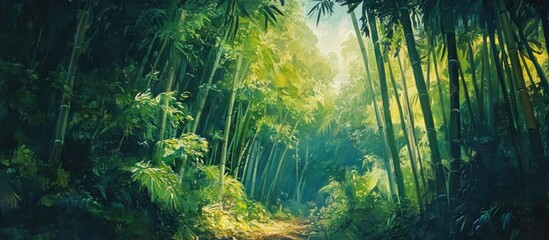 Obraz premium Painting of a lush rainforest jungle featuring bamboo trees during the afternoon