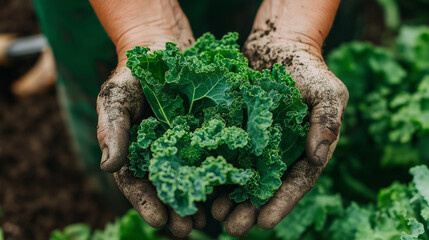 a close-up shot of hands covered in a bit of soil, holding a freshly picked bunch of kale, with traces of dirt still clinging to the leaves