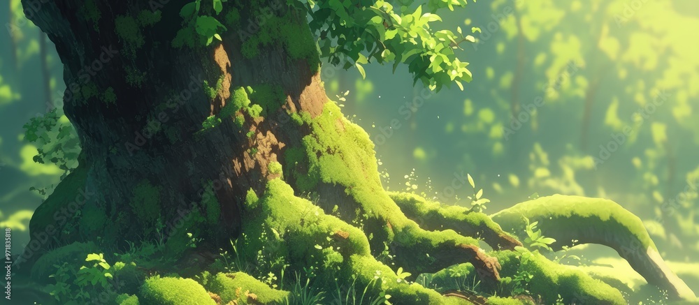 Poster close up view of moss texture on a tree in a lush forest environment