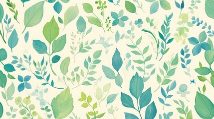 Elegant light blue and green vector wallpaper featuring origami style leaf doodles A colorful pattern suitable for children s books