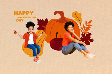 Composite trend artwork 3D image photo collage of autumn season happy thanksgiving day feast young...
