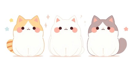 Fototapeta premium Illustration of adorable Kawaii cats in sitting positions isolated on a white background Playful cartoon style chubby cats suitable for print or sticker designs