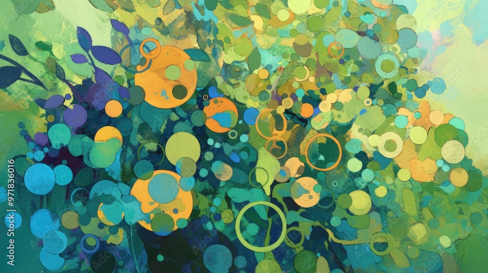 Wall mural Abstract painting featuring a vibrant array of circles on a green backdrop