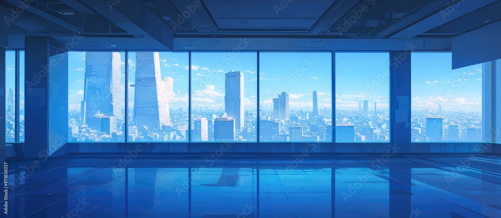 Poster Modern building painting featuring an empty floor and skyline Panoramic view of urban architecture and cityscape with ample space