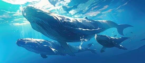 Obraz premium Underwater scene depicting a family of four sperm whales swimming near the surface against a tranquil marine backdrop emphasizing wildlife conservation themes