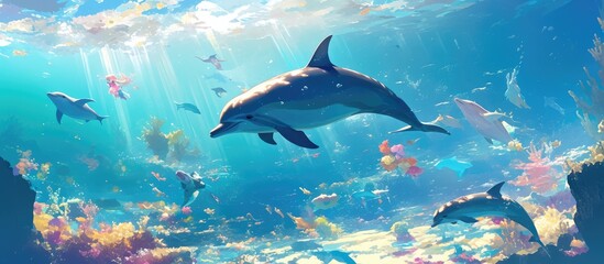 Obraz premium Underwater painting featuring dolphins in a marine ecosystem showcasing the beauty of aquatic wildlife
