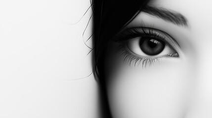 Fototapeta premium A portrait of a women with curious eyes looking and peeking from the side through a cut out white background. Minimalist modern style photographed banner background with free space. Generative AI