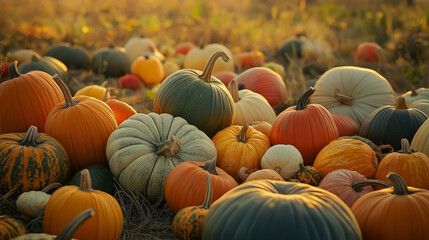 a field filled with a variety of harvested pumpkins and gourds of different shapes, sizes, and colors
