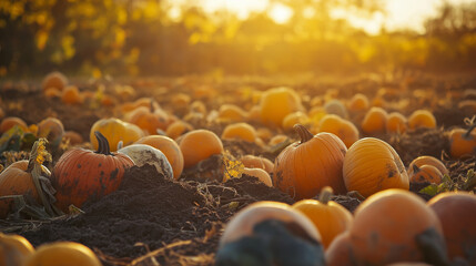 a field filled with a variety of harvested pumpkins and gourds of different shapes, sizes, and colors