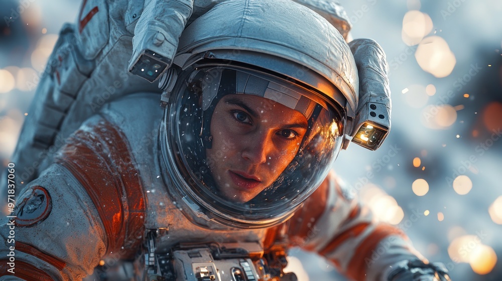 Poster astronaut exploring a rugged, alien landscape with a focused expression.
