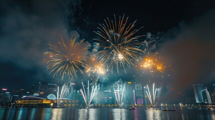Fireworks Over City Skyline