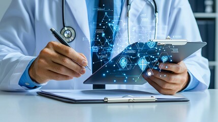 Doctor in a clinical setting reviewing a patient s health records and discussing treatment options in a professional environment