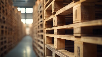 Obraz premium Close-up of wooden pallets arranged in a perfect line, showcasing the texture of the wood, in an industrial warehouse setting with subtle lighting