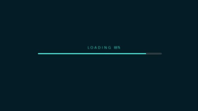 Green bar, internet and download for software, speed and connection on dark background. Empty, ai and blockchain with progress, big data collection and cyber security for digital space and network