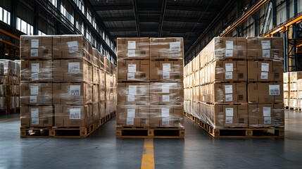 Compact furniture pallets with visible shipping labels, wrapped and set for shipment, captured in an industrial warehouse with a dynamic perspective