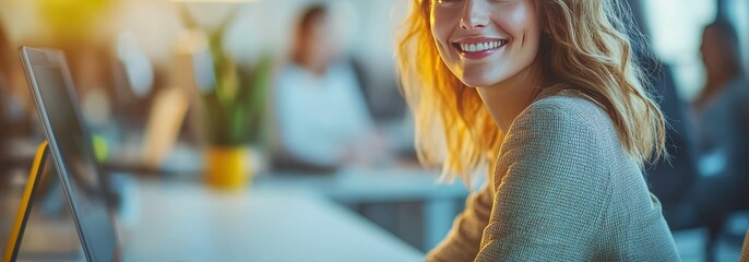 Fototapeta premium Woman smiling at her desk in a modern office environment with warm lighting