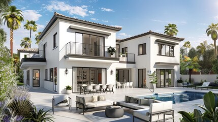 Fototapeta premium Modern Villa with Pool and Lush Greenery